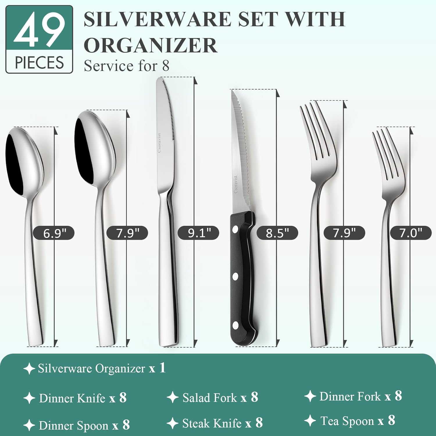 49-Piece Silverware Set with Bamboo Organizer for 8, Flatware Set with Steak Knives, Rust-Proof & Mirror Polished, Dishwasher Safe, Simplicity Line(organizer only for packaging)