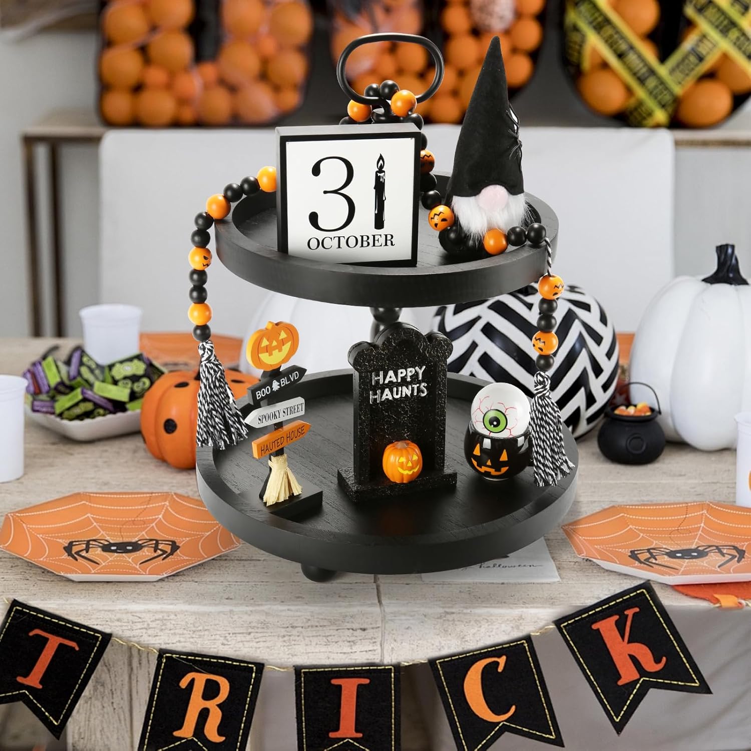 木製2段サービングトレイ、素朴なラウンドファームハウススタイルの装飾トレイ、金属製のハンドル付き、テーブルセンターピース、キッチン装