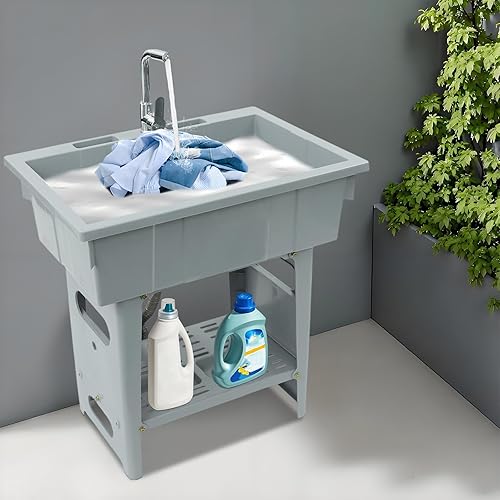 Miniatura 3 de Fregadero de plástico independiente con tabla de lavadero, lavabo para lavandería, lavabo con grifo caliente y frío para garaje, sótano, jardín