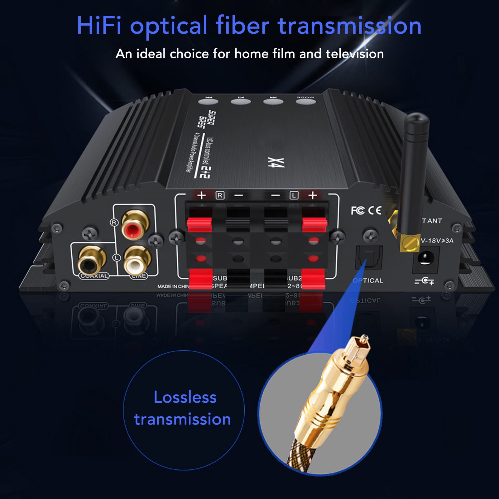 Wzmacniacz Bluetooth, 4-kanałowy Mini Wzmacniacz Stereo Hi-Fi LEPY X4, Bluetooth 5.0/wejście Koncentryczne/wejście Optyczne/regulacja Wysokiego Basu/odtwarzanie Kart USB/TF Itp. 100-240V(EU)