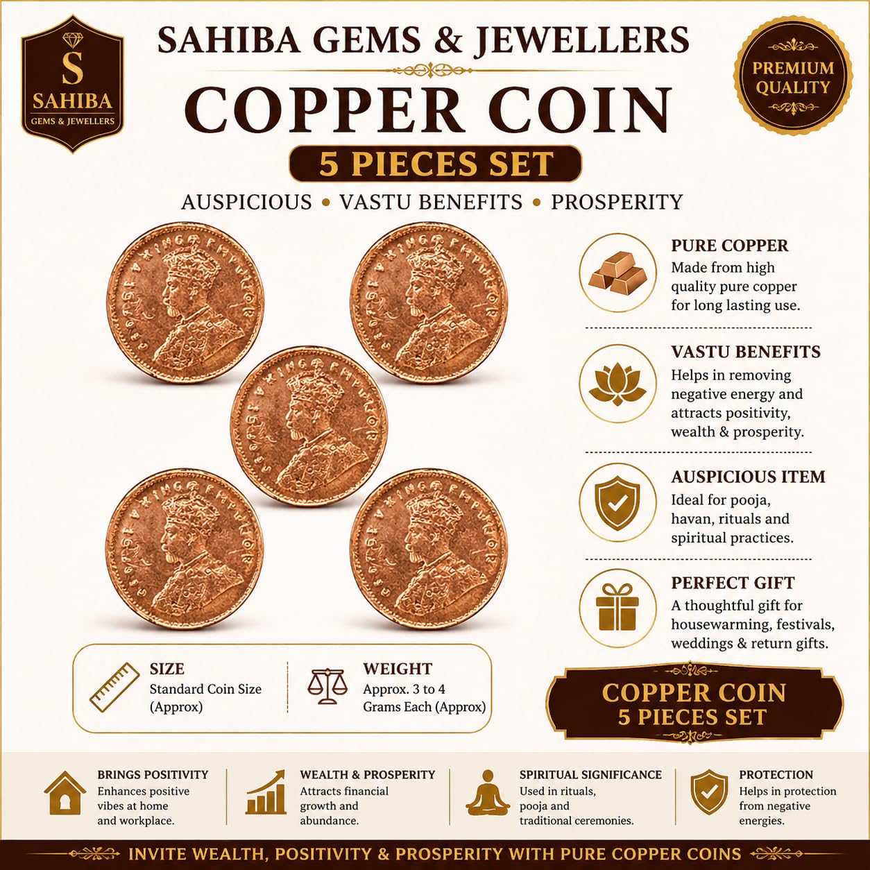 Sahiba Gems Set of 5 Pieces Copper Coin/Sikka For Pooja/Astrological and Lal Kitab Remedy 1