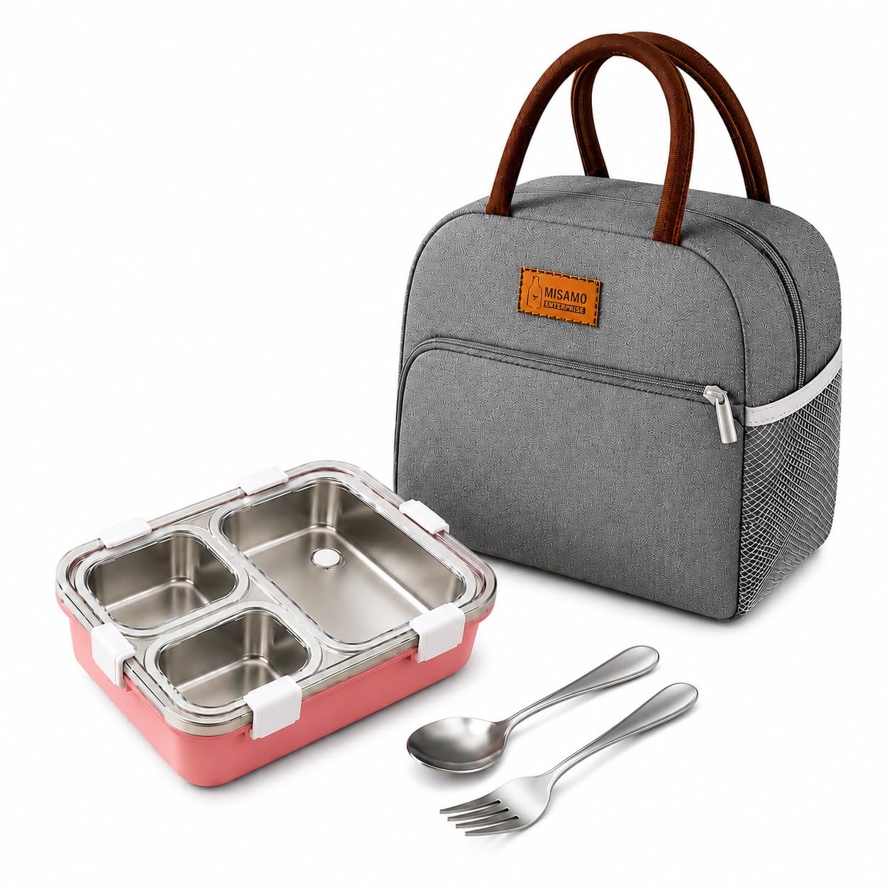 Misamo Enterprise 3 Compartment Stainless Grey Bag+Pink Lunch Box - Image 1