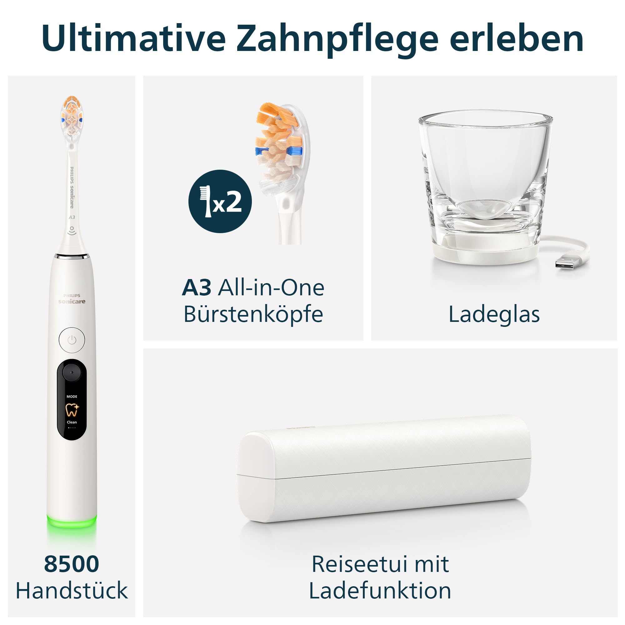 Philips Sonicare Next-Generation DiamondClean 8500 elektrische Zahnbürste – mit intelligenter Andruckkontrolle und 18 Einstellungen, Pulverweiß, HX8514/11