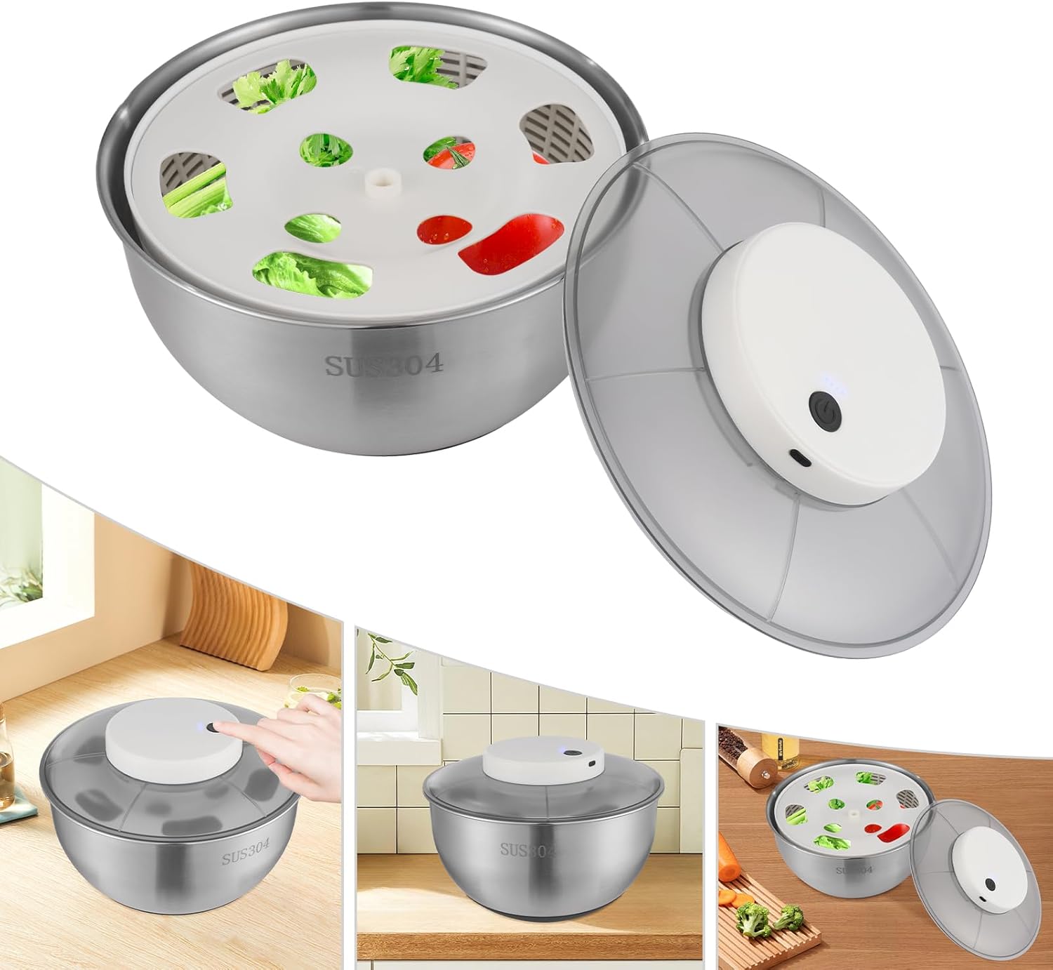 Electric Salad Spinner, 5L Capacity Lettuce Spinner Stainless Steel, Automatic Vegetables Fruit Washer Dryer