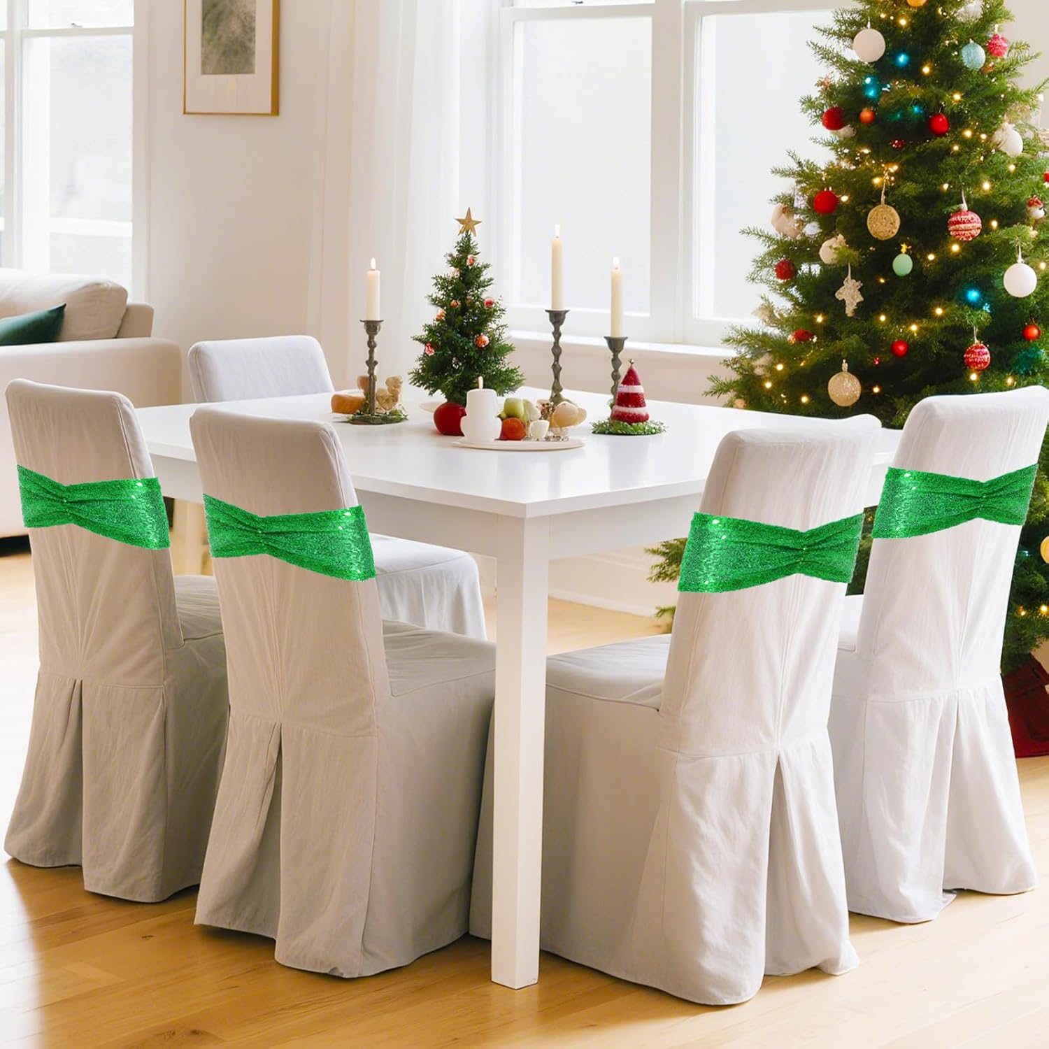 Poise3EHome Green Sequin Chair Sashes, Double Sided Glitter Folding Chair Cover Bands for Christmas Party Ceremony Banquet Decorations, 20 PCS