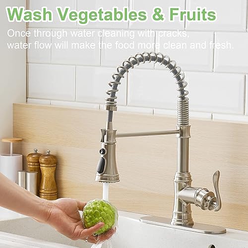 Miniatura 7 de Grifo para fregadero de baño, cascada de níquel cepillado, un solo orificio con níquel cepillado, grifo para fregadero de cocina con rociador