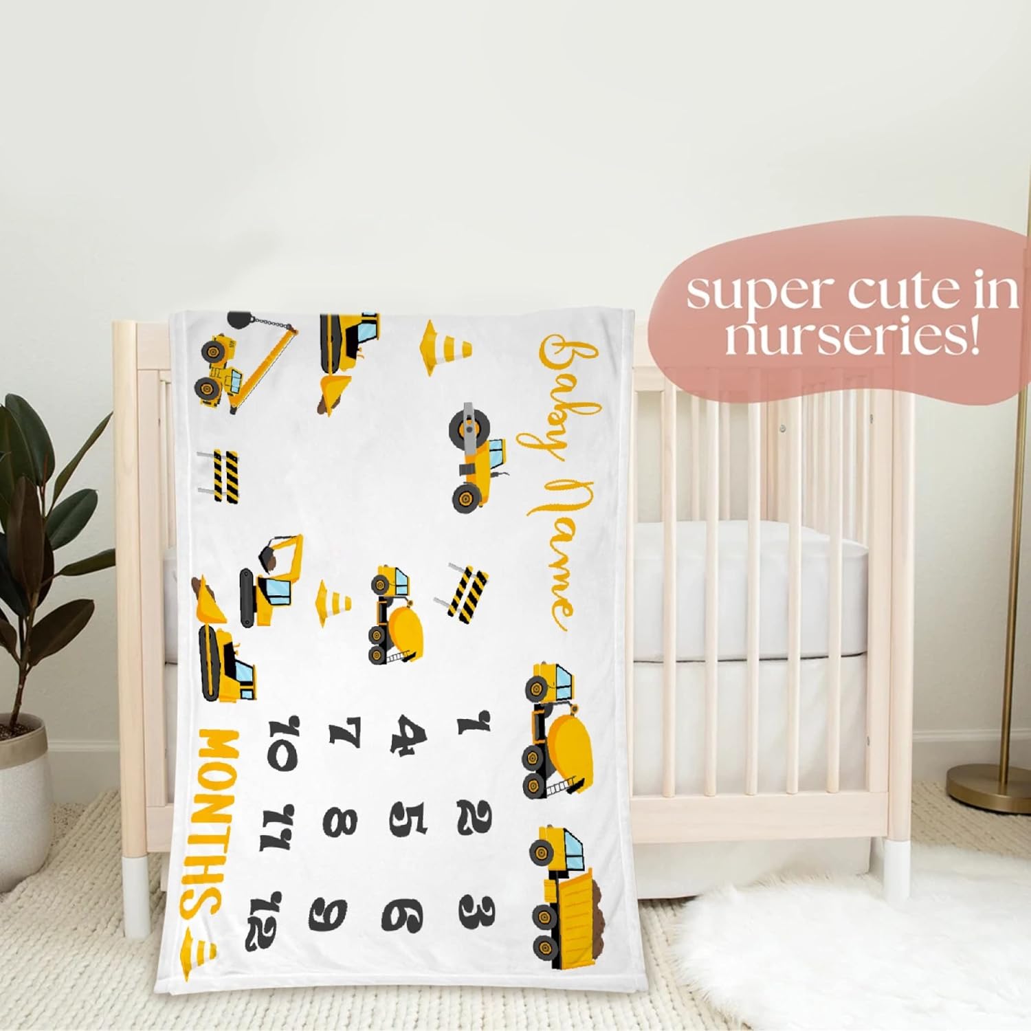 Personalized Baby Blanket Construction Trucks Milestone Blanket Custom Trucks Blanket for Boys Girls, Trucks Baby Month Blanket, Newborn Gift Plush Soft Blankets 60"x50"