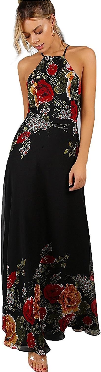 Women's Sleeveless Halter Neck Vintage Floral Print Maxi Dress