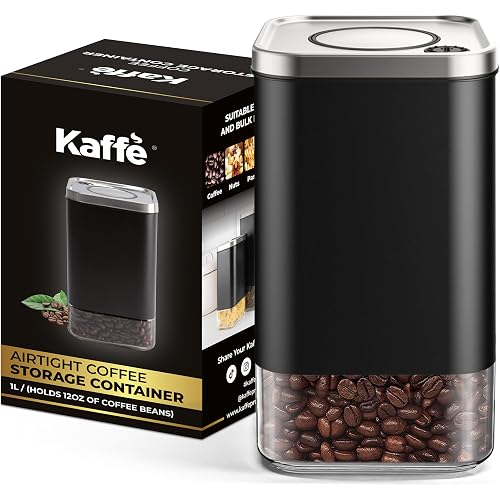 Kaffe Glass Coffee Canister (12oz) w/Airtight Lid - Click to Release Seal - BPA Free Glass & Stainless Steel - Elegant Kitchen Storage Container for Coffee, Nuts, Rice, Flour, Sugar, Tea, Cereal