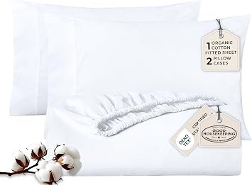 ROYALE LINENS Fitted Sheet with Pillowcases - Queen Fitted Sheets with 2 Pillowcases - 300 Thread Count 100% Organic Cotton - Fits Mattress Up to 18" Deep - Soft & Breathable - White No Flat Sheet