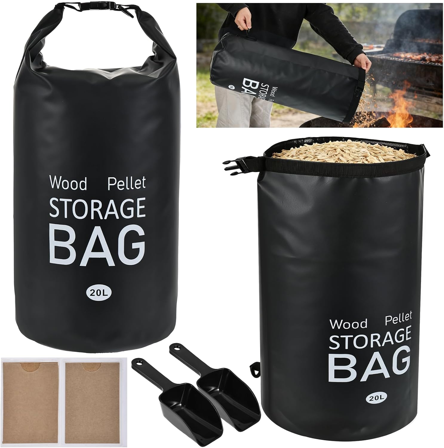 2 Pack 20 LB Wood Pellet Storage Bag with Scoops and Labels, Waterproof PVC Storage Container Grill Accessories for Pellets, Charcoal, Wood Chips
