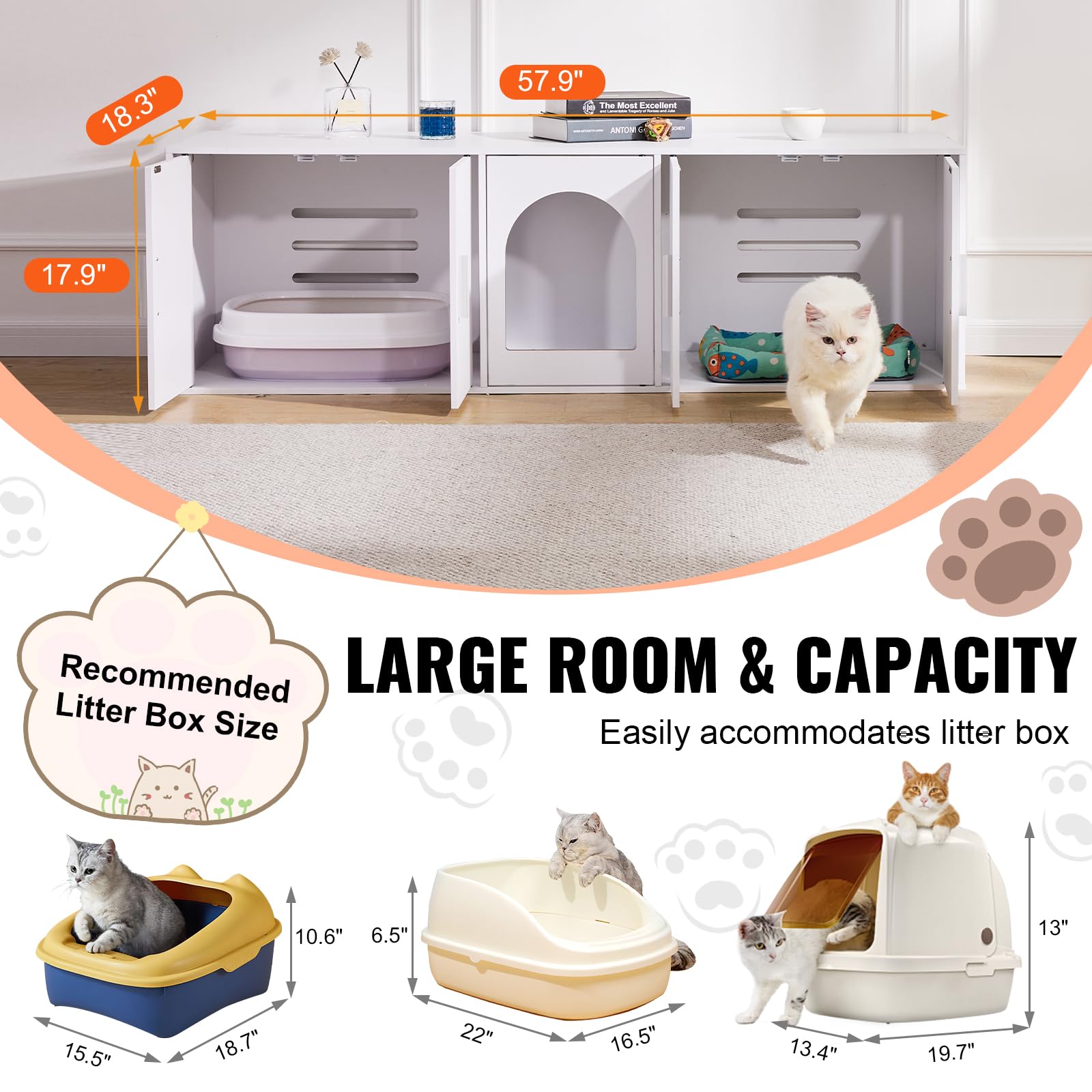 VEVOR Muebles de Baño Oculto para Gatos 1,47 x 0,46 x 0,45 m Casa de Inodoro Con Puertas Decoradas de Ratán Armario de Madera para Ocultar Las Cajas de Arena, Blanco