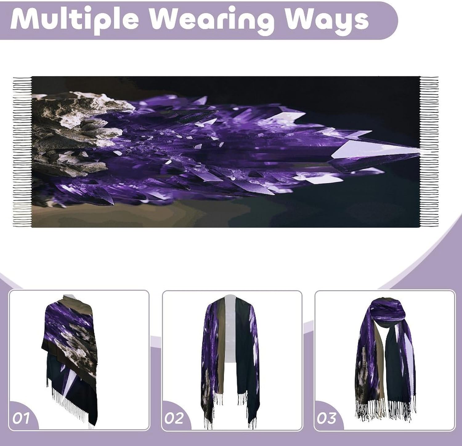 Purple Amethyst Winter Scarf for Women Soft Tassel Scarves Oversized Wraps Long Shawl Cold Weather Thick Blanket Scarfs