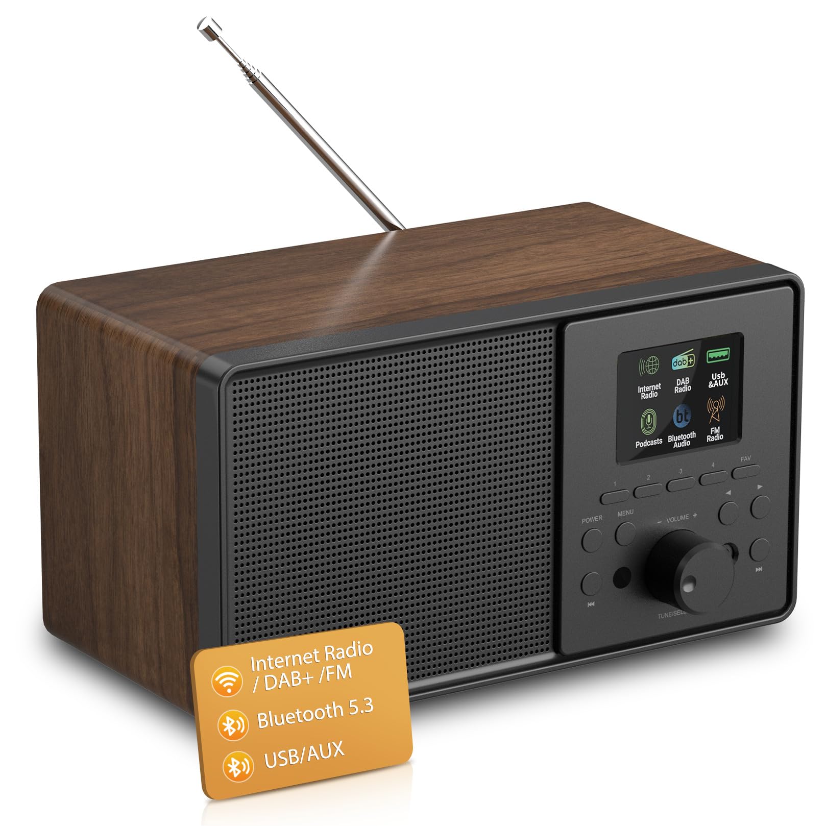 Internetradio WLAN DAB+ Radio mit Bluetooth 5.3 und Farbdisplay | 30.000 Sender, Podcast-Player, USB, AUX, Wecker und Fernbedienung für Küche, Wohnzimmer, Schlafzimmer, Büro und Garten