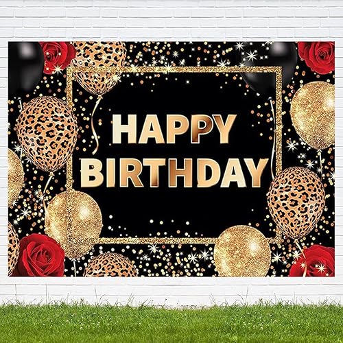 Miniatura 5 de Telón de fondo de feliz cumpleaños con estampado de leopardo negro y dorado, globos de guepardo, rosa roja, decoraciones de cumpleaños para mujeres