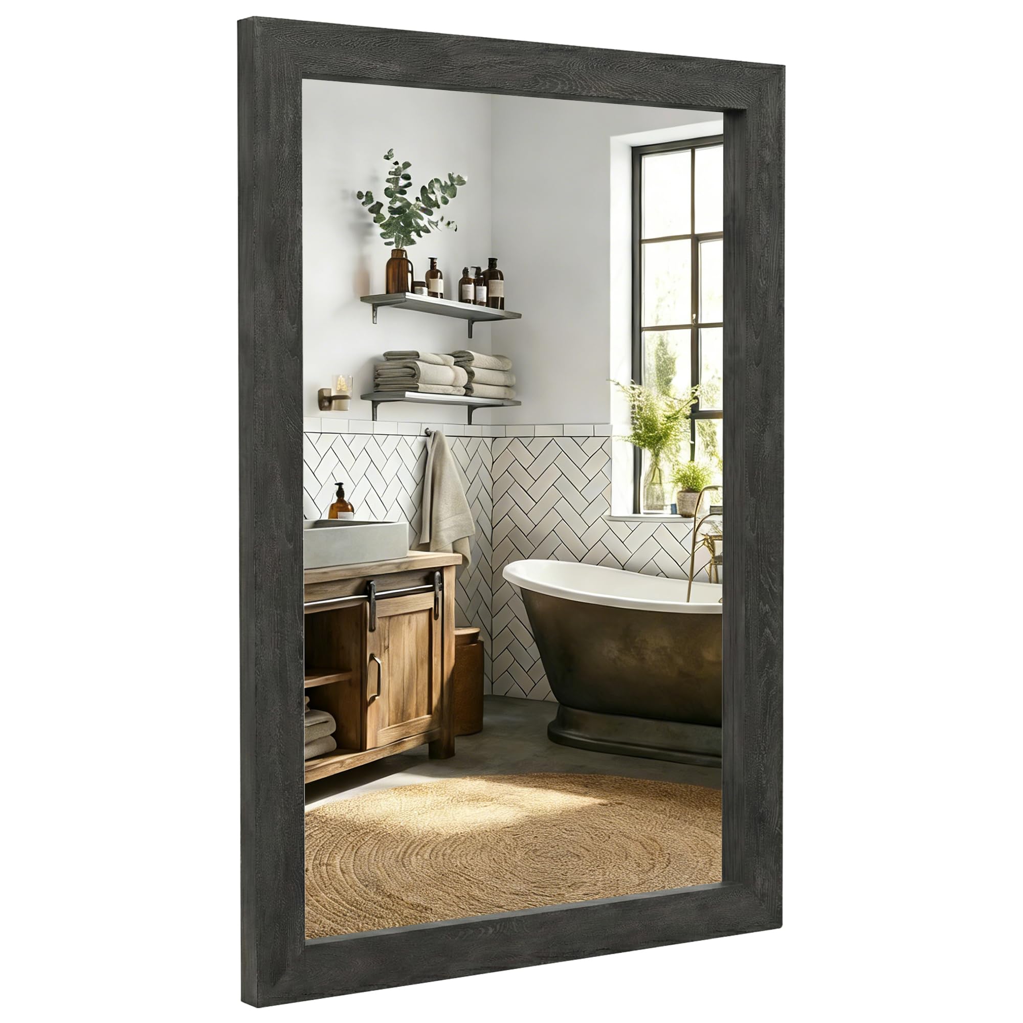 Pocetry 24" x 36" Black Bathroom Mirror for Wall, Rustic Charred Wood Texture Vanity Mirror, Industrial Farmhouse Decor for Over Sink & Living Room,