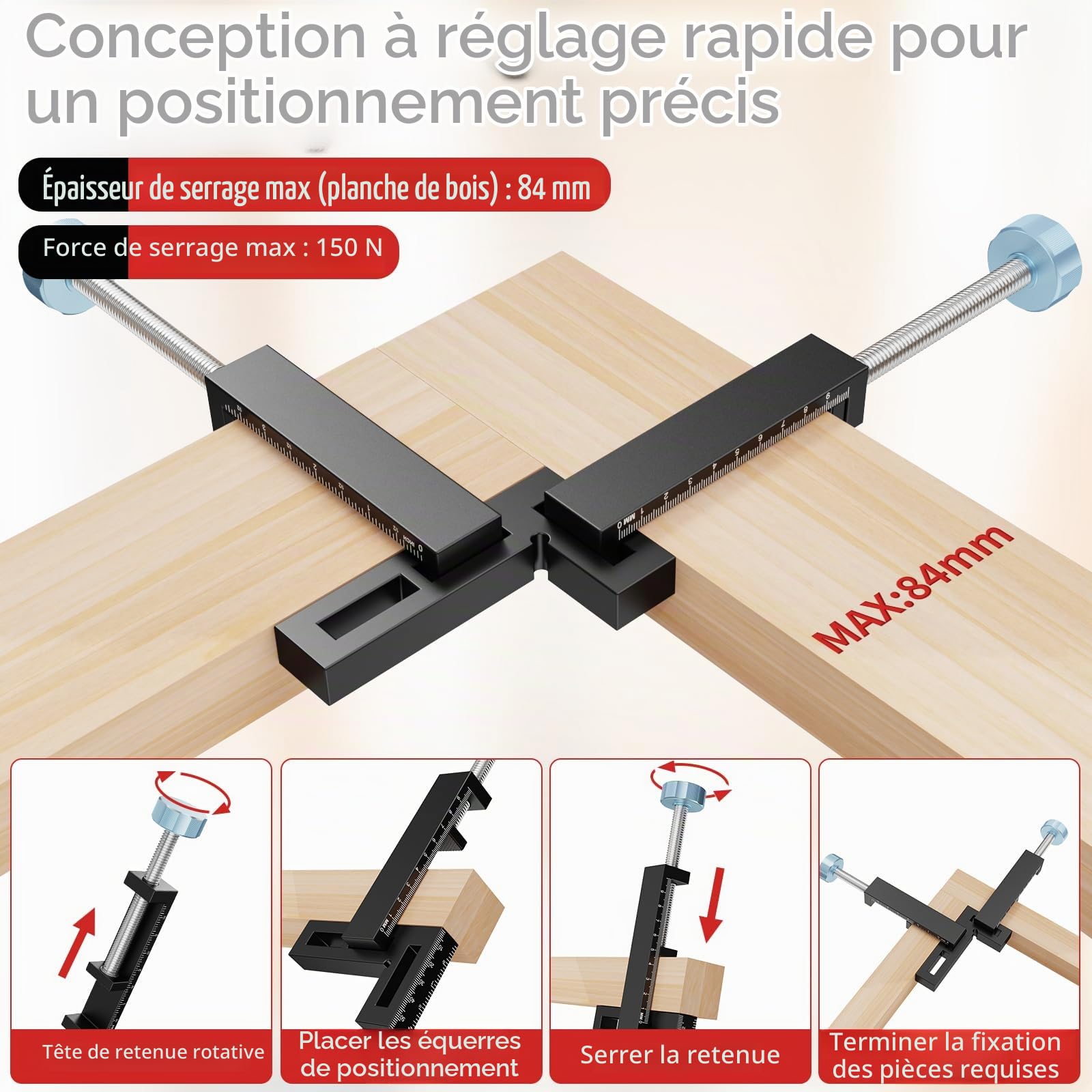 Preciva Bloc de Positionnement à 90 Degrés - Serre Joint D'angle Noir pour Travail à Bois, Pince de Fixation à Angle Droit pour Boîtes, Cadres Photos, Armoires, Tiroirs - 4 Ensembles (10cm/4.1inch)