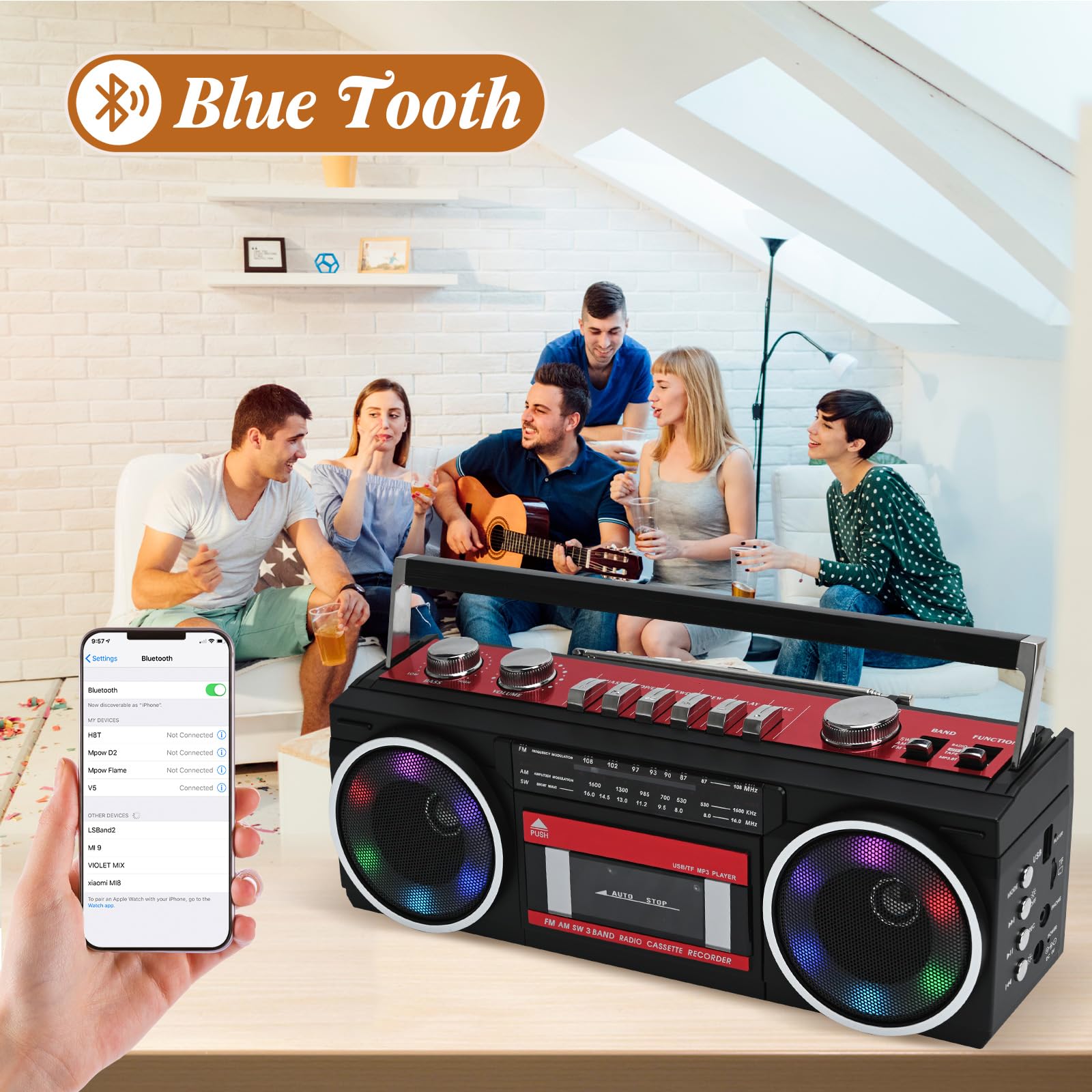 Tragbare Kassettenspieler Boombox AM/FM/SW Radio Stereo, CasetteTape Player Recorder, MP3 Bluetooth USB RGB Lichter TF Karte (Rot)