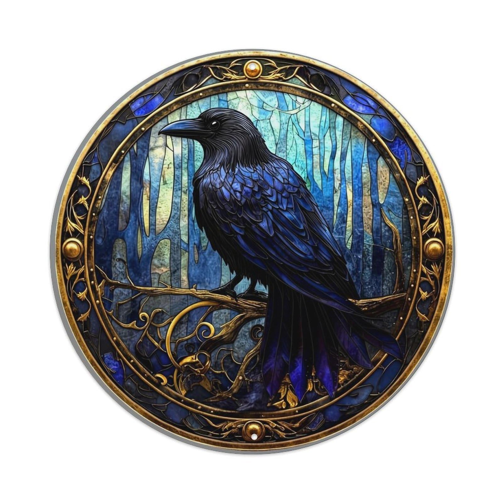 Raven On Branch Stained Glass Vintage Metal Tin Sign Retro Wall Decor for Home Bar Garage Cafe, Indoor & Outdoor Decorative，circle Metal Poster, 8x8 Inch