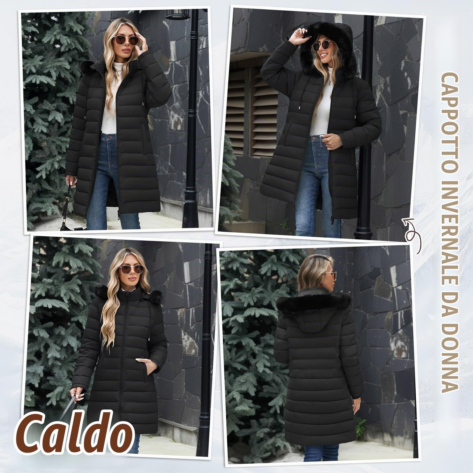 Cappotto Donna Invernale Lungo Elegante Giacca con Cappuccio Caldo Parka Autunno Invernali Giubbino Imbottito Giubbotto Casual Giacca Pile Outwear con Tasche Cappuccio Rimovibile in Pelliccia