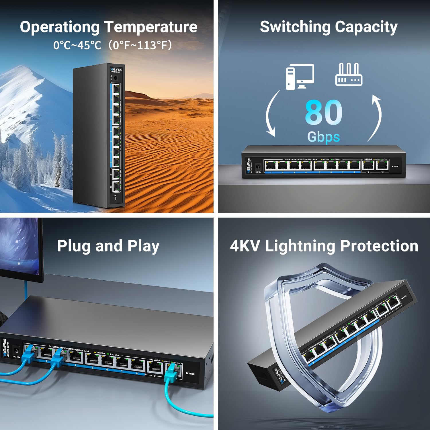 Conmutador Ethernet no administrado de 10 puertos y 10G con 8 puertos 2.5G Base-T y 2 puertos RJ45 10G. Capacidad de conmutación de 80 Gbps. Conmutador de red GiGaPlus de 10Gb para NAS/PC de 2.5G/10Gb