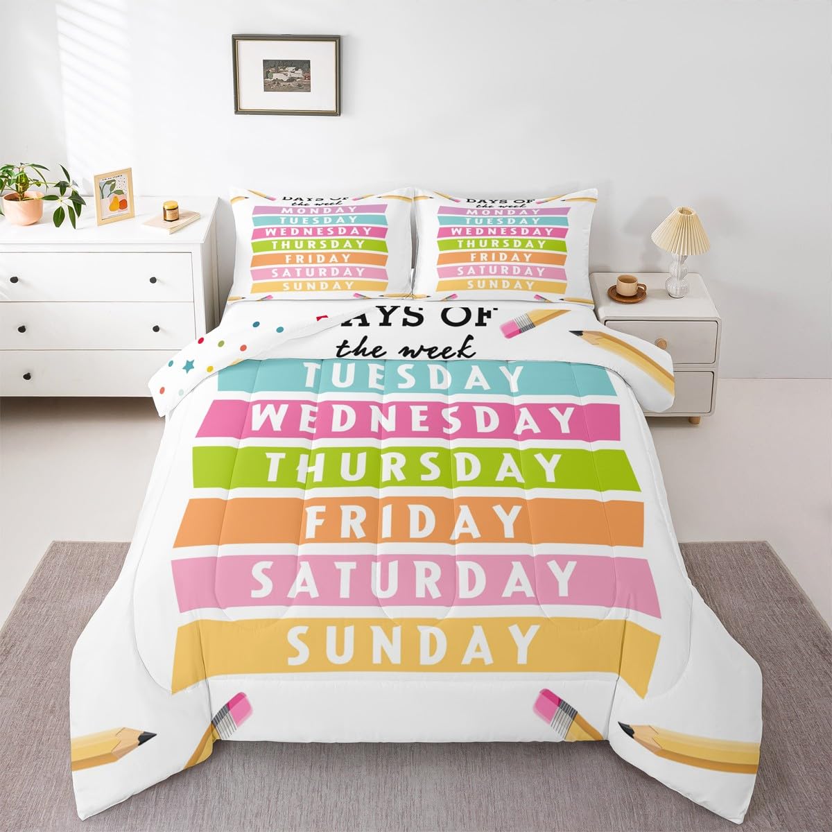 Feelyou Kids Learning Comforter Set Twin Size, Days of The Week Bedding Set Educational Duvet Insert Boys Girls Preschool Teens Bedroom Decor 2Pcs