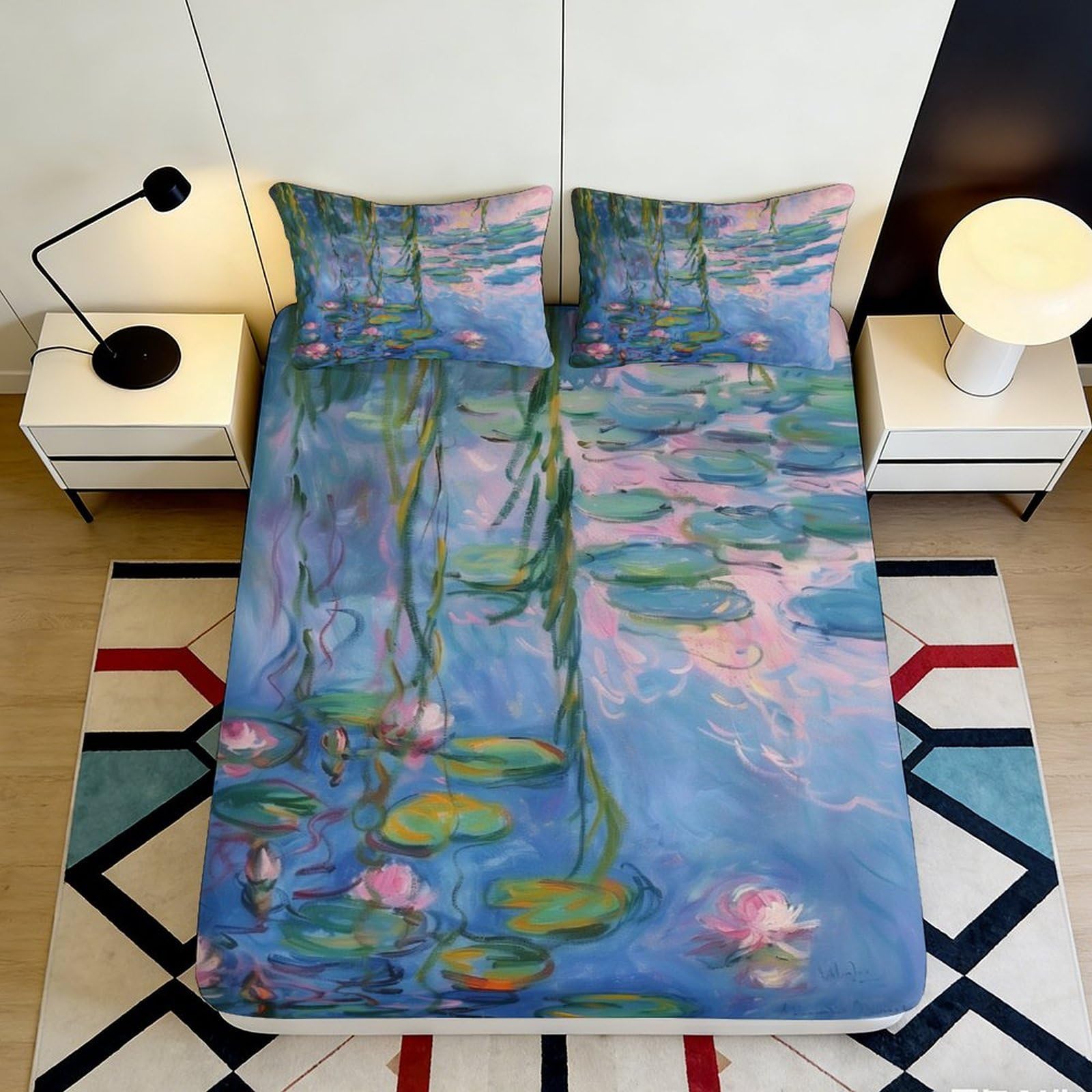 3D Printed Water Lily Fitted Sheet Microfiber Deep Pocket Bedroom Bedding Water Lily Mattress Fitted Cover Non-Slip Full Wrap Washable 140x200x25cm