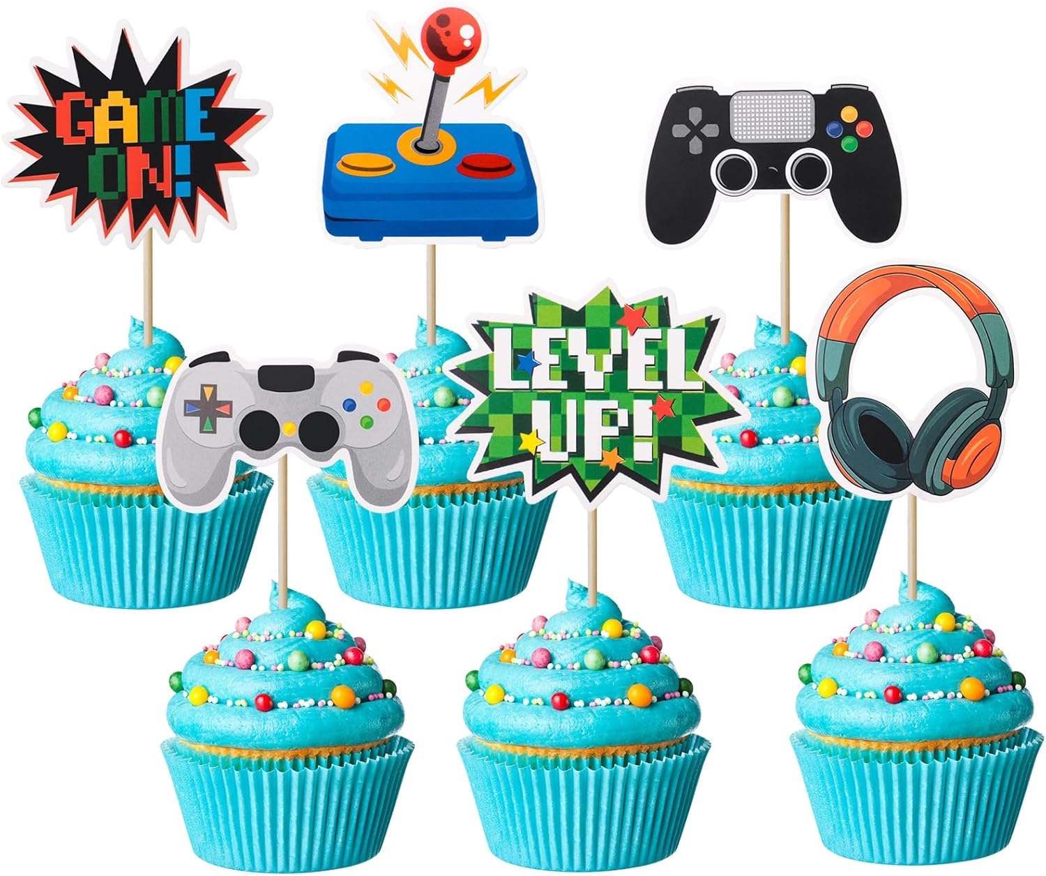 Nymora 36pcs Video Game Cupcake Toppers for Birthday Party Decorations Including Game Controller Gamepad Joystick Headphones Game On Level Up for Gamer Playdates Game Day Christmas