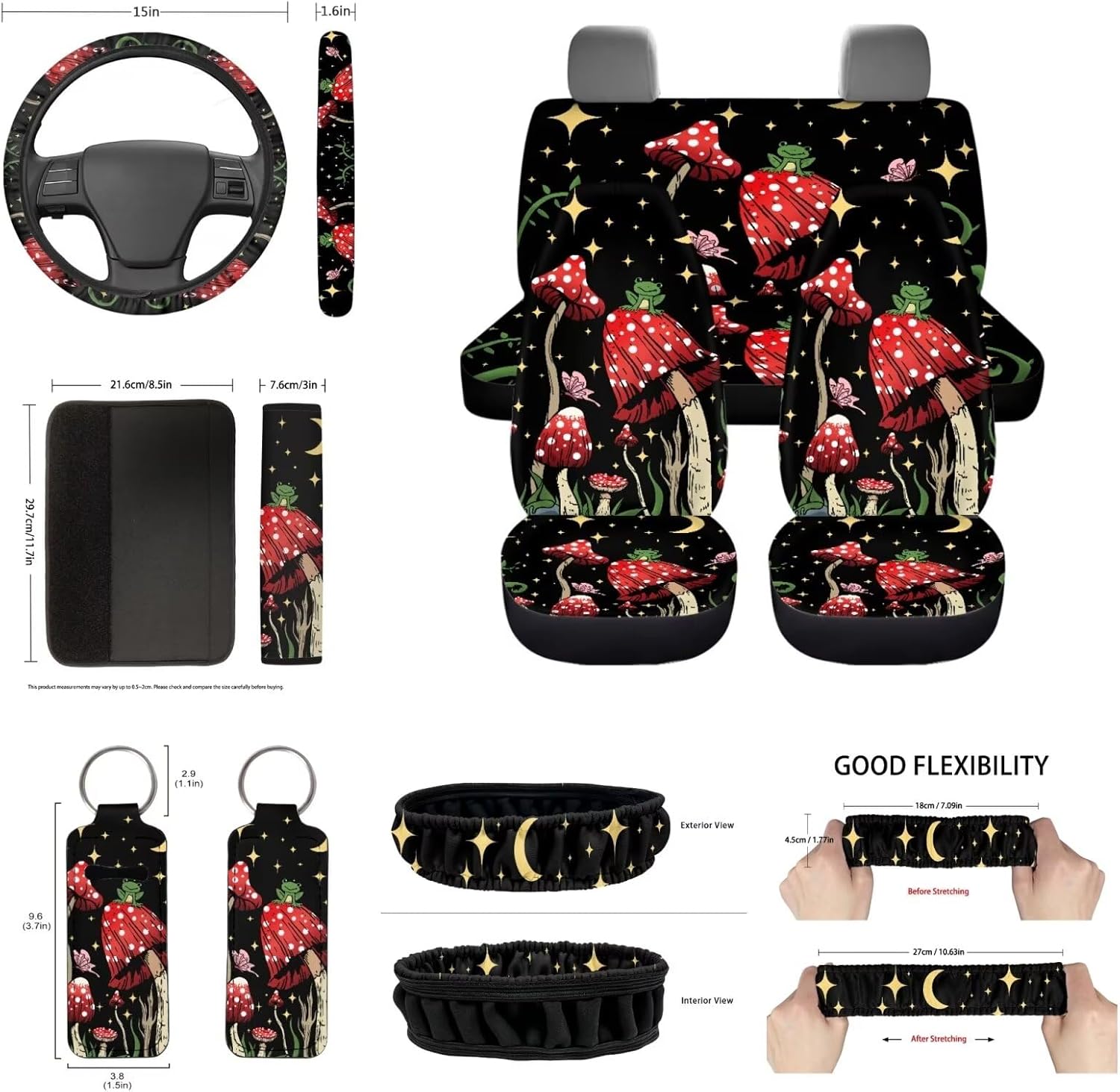 Set of 14 Cute Frog Mushrooms Car Seat Covers Full Set Wild Cottagecore Mushroom Steering Wheel+ Mushroom Coasters+Keychain+Mirror Cover+Gear Shift Knob Handbreak Cover Universal Fit