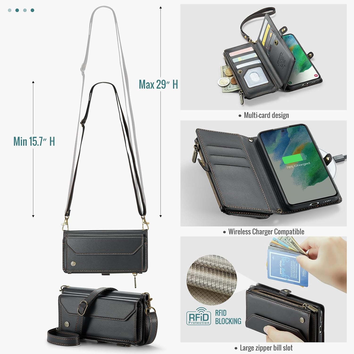 Crossbody Wallet Case for Samsung Galaxy S21 FE with Card Holder, RFID Blocking, Kickstand, Soft PU Leather, Magnetic Snaps, Zipper Pocket S21 FE Phone Case Black