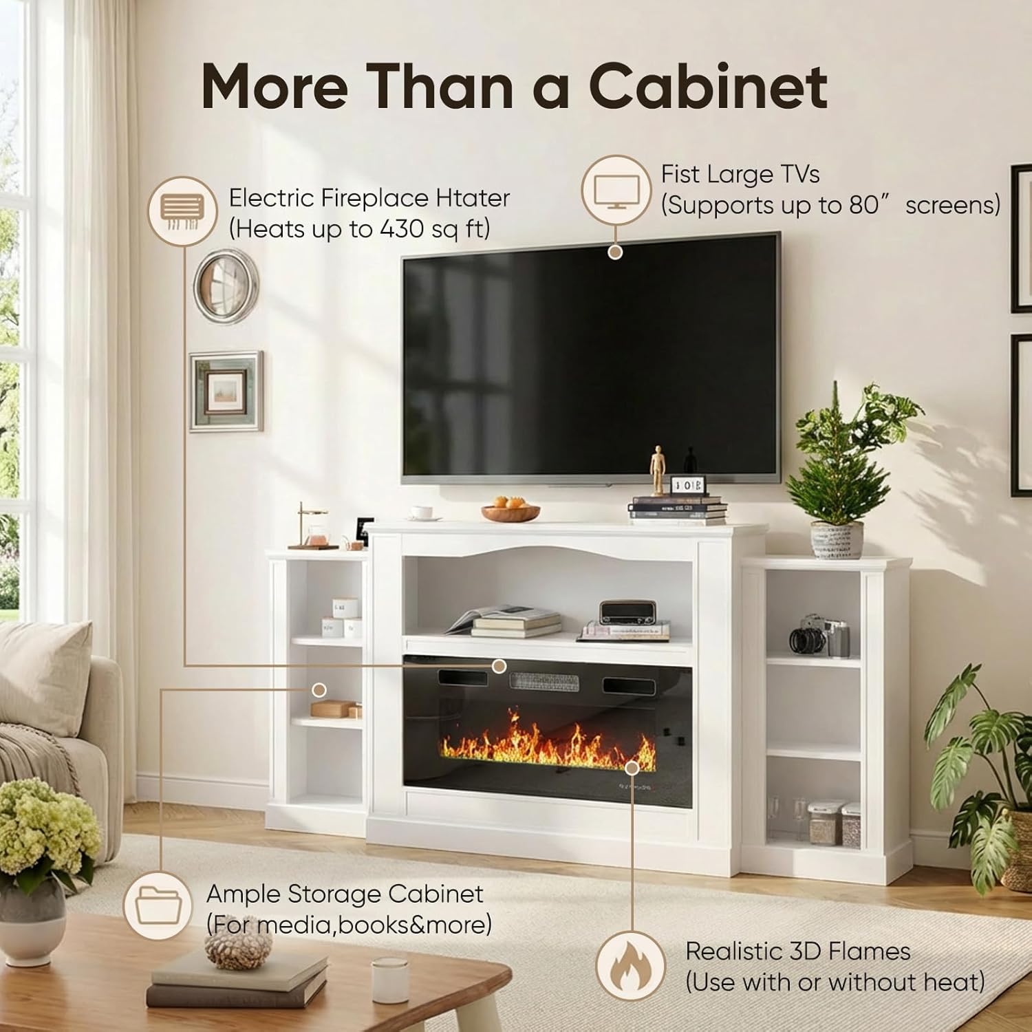 TABU 76'' Electric Fireplace with Mantel, Large TV Stand with 36'' Fireplace, Entertainment Center & Media Console for TVs Up to 80", 3D Realistic Flame & Remote Control, White