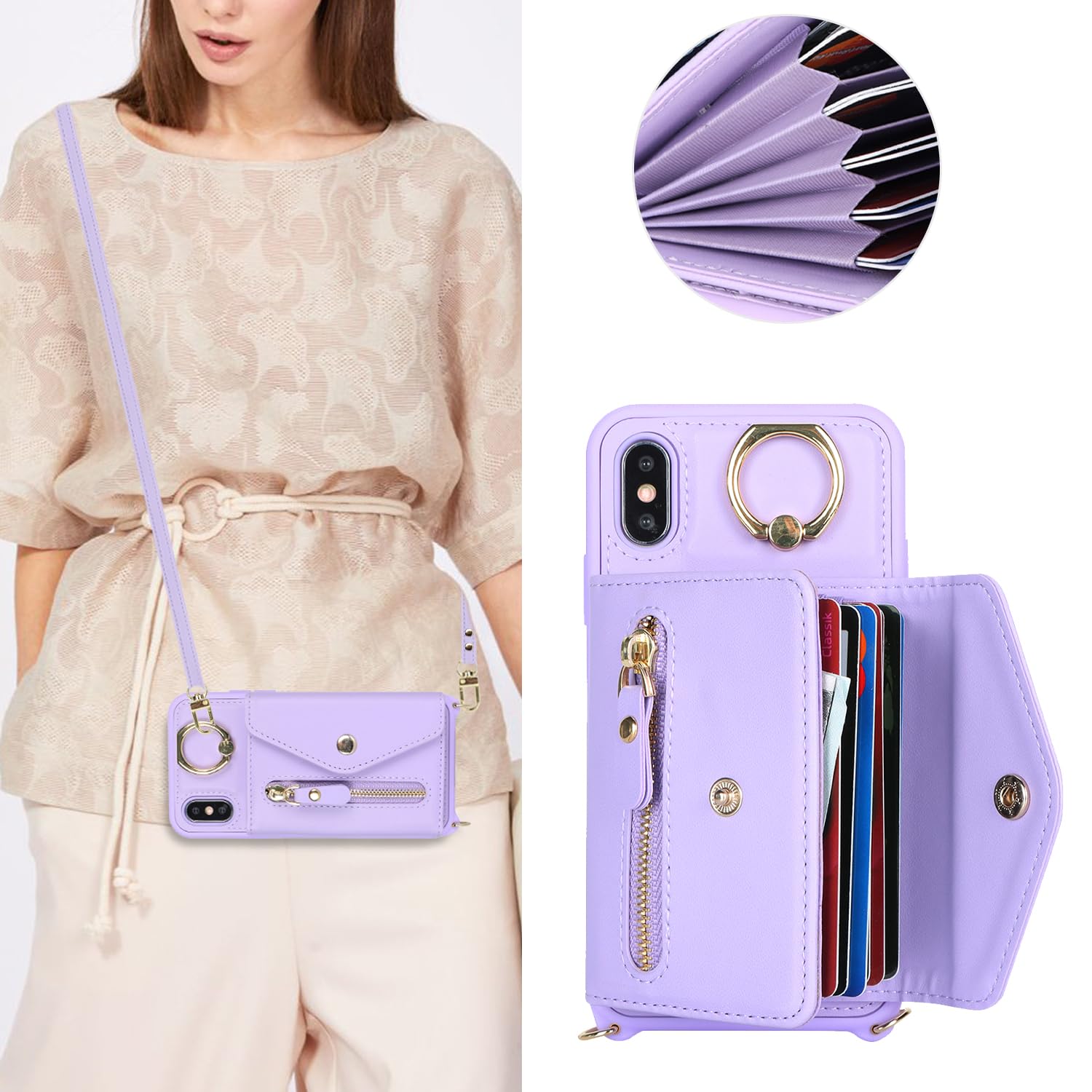 SailorTech iPhone XS Max Case with Zipper Credit Card Holder for Women iPhone XS Max Phone Leather Case Ring Stand with Card Slots Kickstand Wallet Crossbody for iPhone XS Max-Purple - Image 2