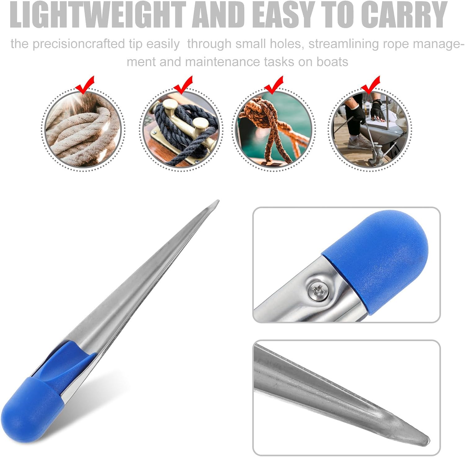 Boat Rope Threading Tool Stainless Steel Marine Rope Splicing Picker with Blue Plastic Handle Small Size for Sailing and Boat Maintenance