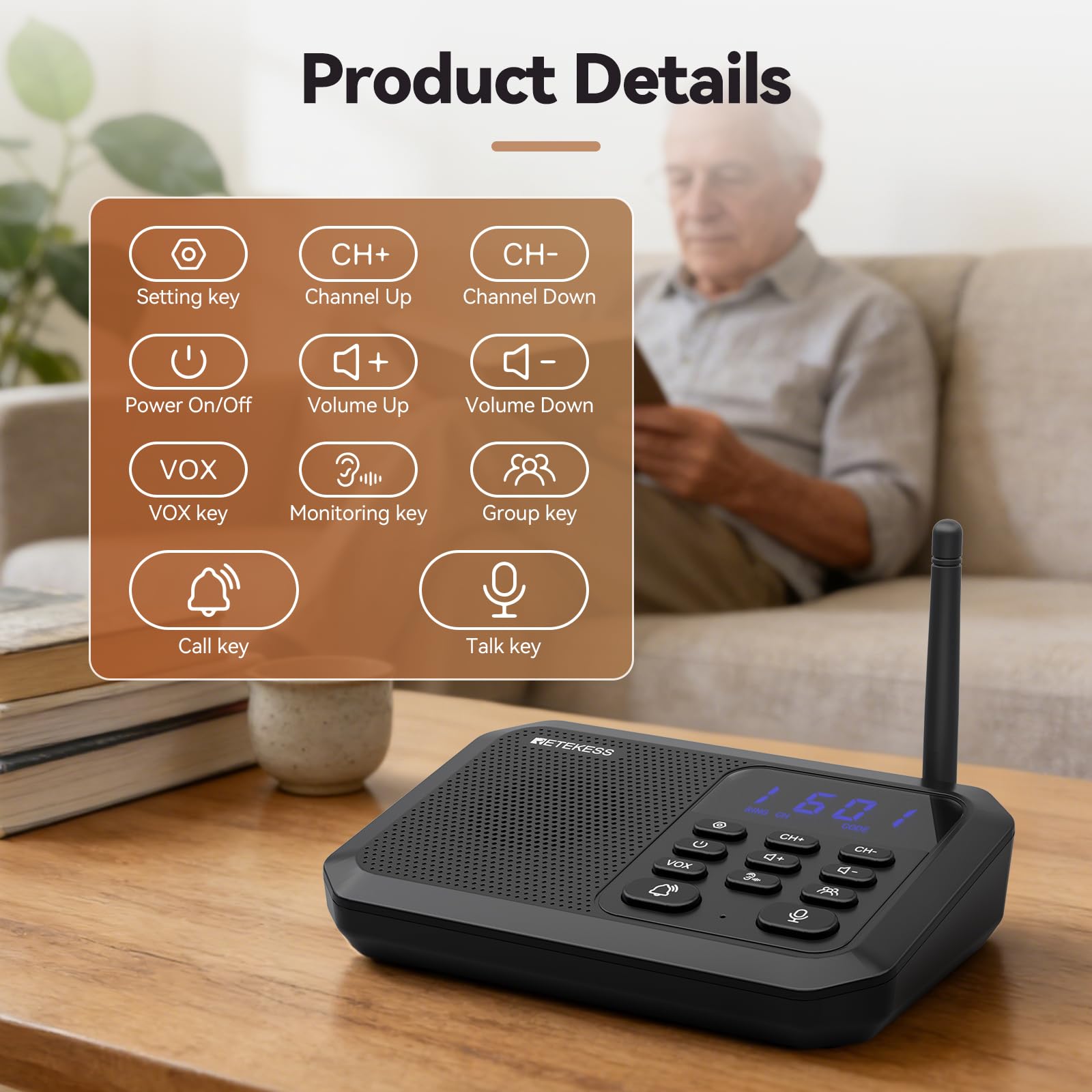 Retekess TH201 Intercom System, Interphone Domestique sans Fil (2 Pieces) | Adapté Usage Domestique et Commercial, Qualité Sonore Ultra-Haute, Facile à Installer, Distance Travail 2000 m