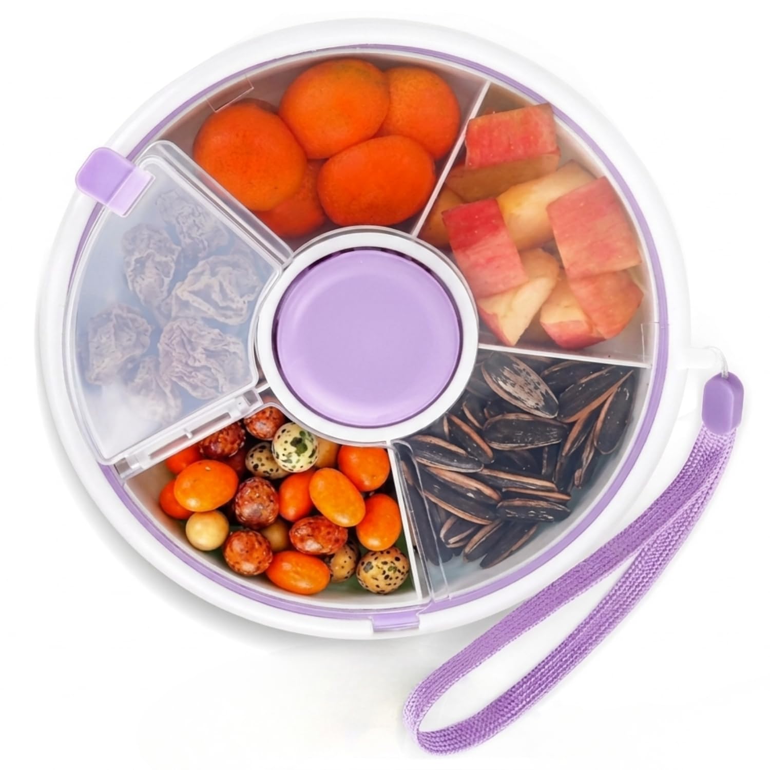 Proudy Portable Snack Spinner Bundle, Food Storage Container, Spinner Box with Rotating Storage, Reusable Snack Container with 5 Compartment Dispenser and Lid, Spinner Box (Pink 1)