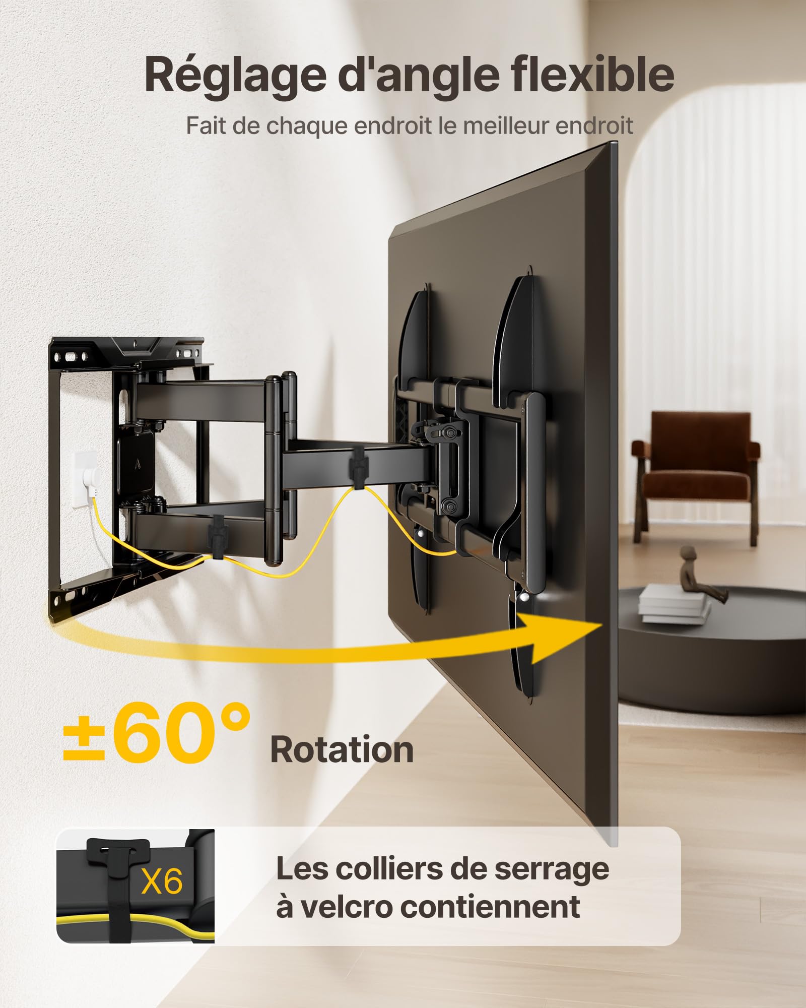 monTEK Support TV Mural à Mouvement Complet pour Écrans de 37 à 90 Pouces | Orientable et Inclinable, Bras Television Articulé et Stable, Fixation TV Extra-Robuste, Charge Max 75kg, Max VESA 600x400mm
