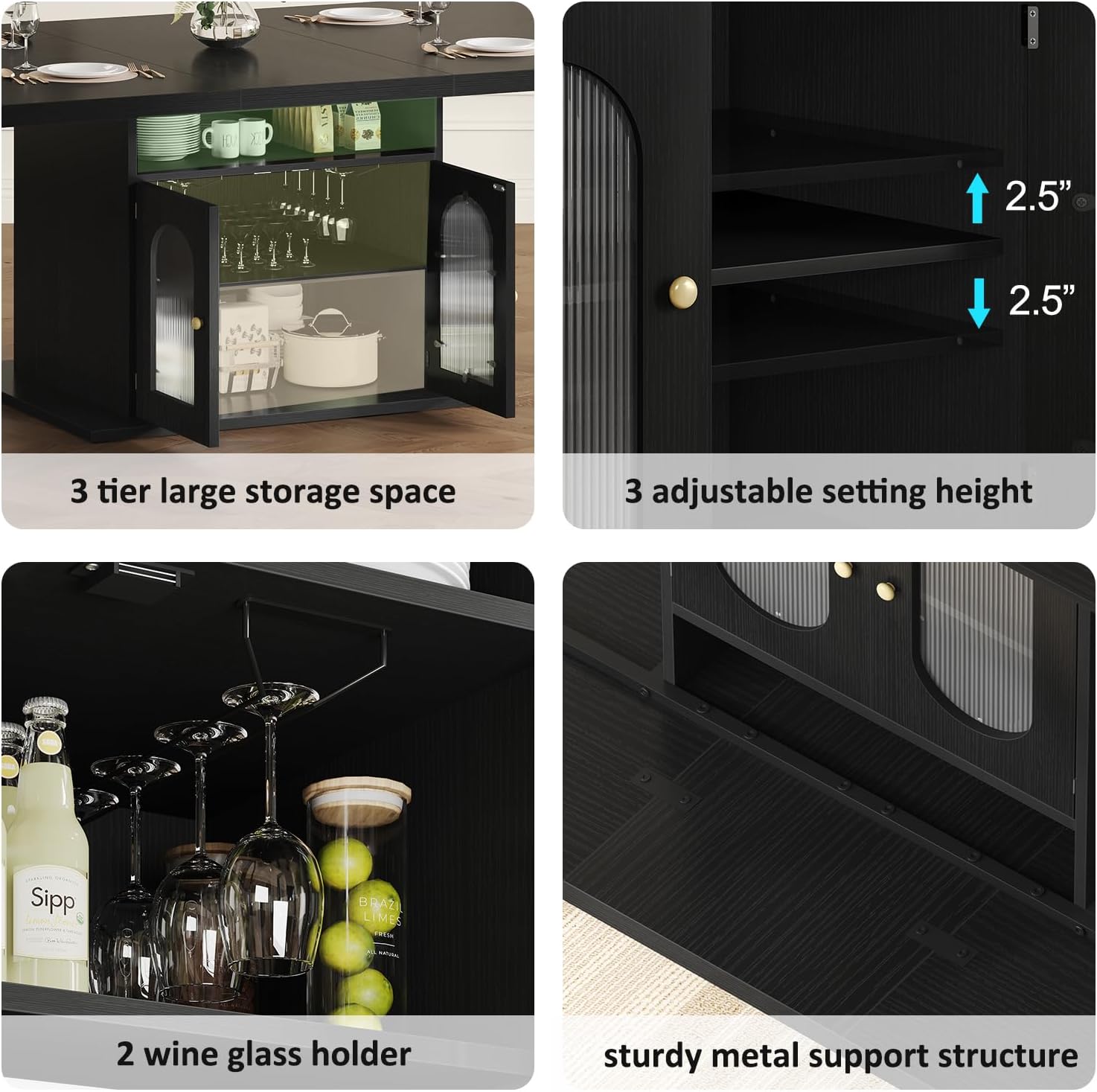 HSH Black Dining Table for 4 to 6, Modern Kitchen Dining Room Table with 3-Tier Storage Shelf and Acrylic Door Cabinet, Rectangular Wooden Dinner Tables for Home Kitchen Living Room, Black Oak，63 in