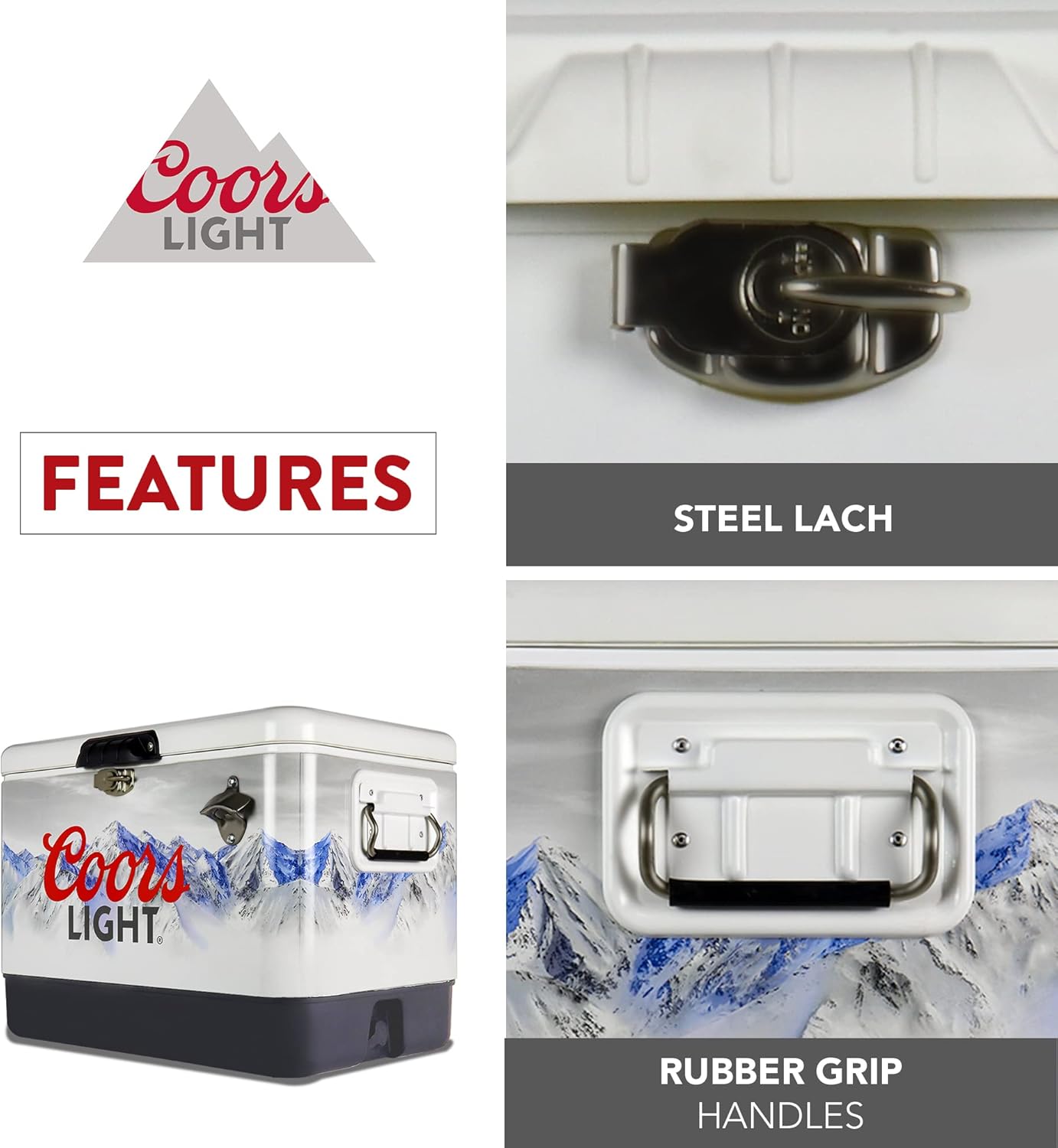 Coors Light Ice Chest Cooler - Portable Ice Bucket with Bottle Opener, Vintage Style, Insulated for Camping, Beach, Picnic, RV, BBQs, Tailgating, Fishing, Steel-Belted 85 Can Ice Box, 51L (54 qt)