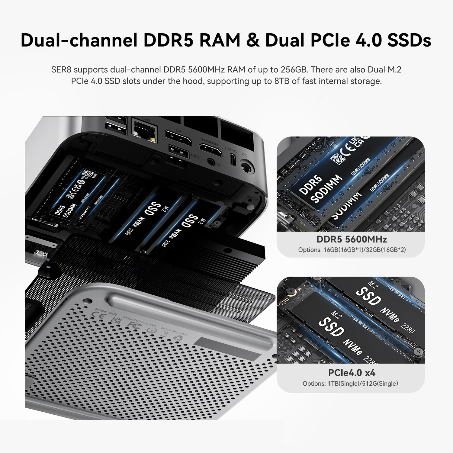 Beelink Mini PC SER8, AMD Ryzen 7 8745HS (8C/16T, hasta 4,9 GHz), 32 GB de RAM DDR5, SSD M.2 PCIe 4.0 de 512 GB,Triple Pantalla 4K, USB 4,0, HDMI 2.1, DP 1.4, BT 5.2, WiFi 6, LAN de 2,5 G