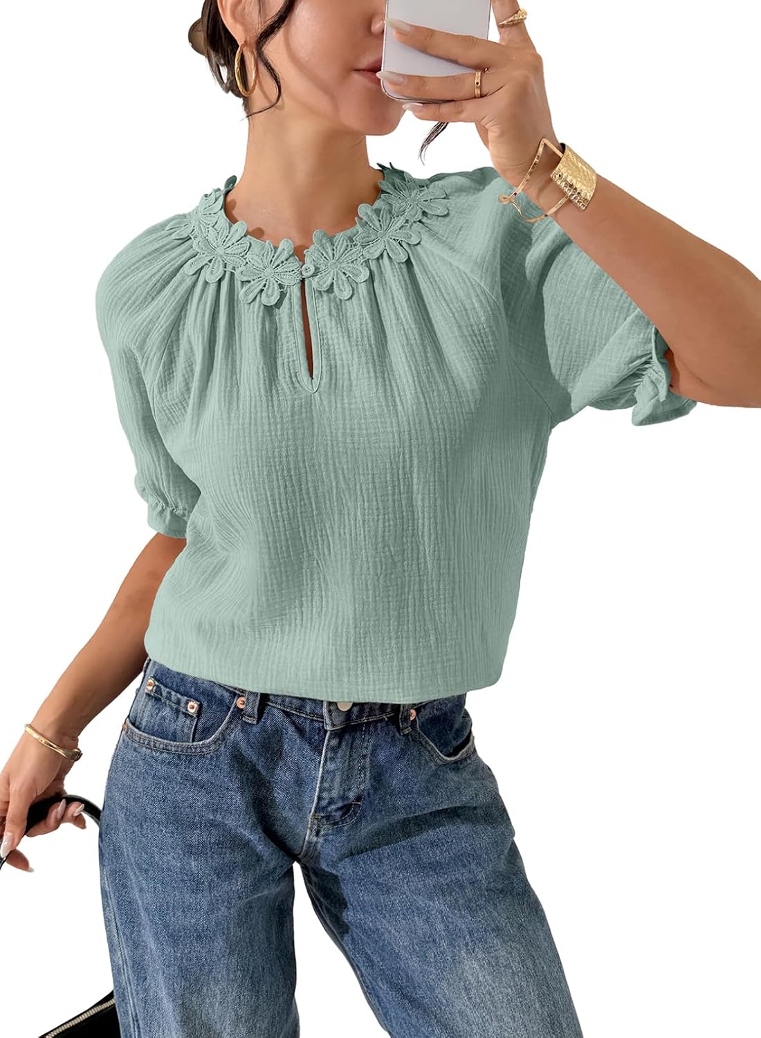 Dokotoo Blouses for Women Dressy Casual Puff Short Sleeve Shirts Lace Crewneck Solid Floral Embroidered Tops