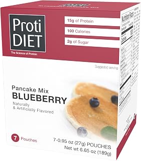 ProtiDIET Blueberry Protein Pancakes - Low Sugar, Low Fat, High Protein Snacks for Adults - Nutritious Meal Replacement - Perfect On-the-Go Protein Pancake Mix - 7 Blueberry Pancakes Per Box