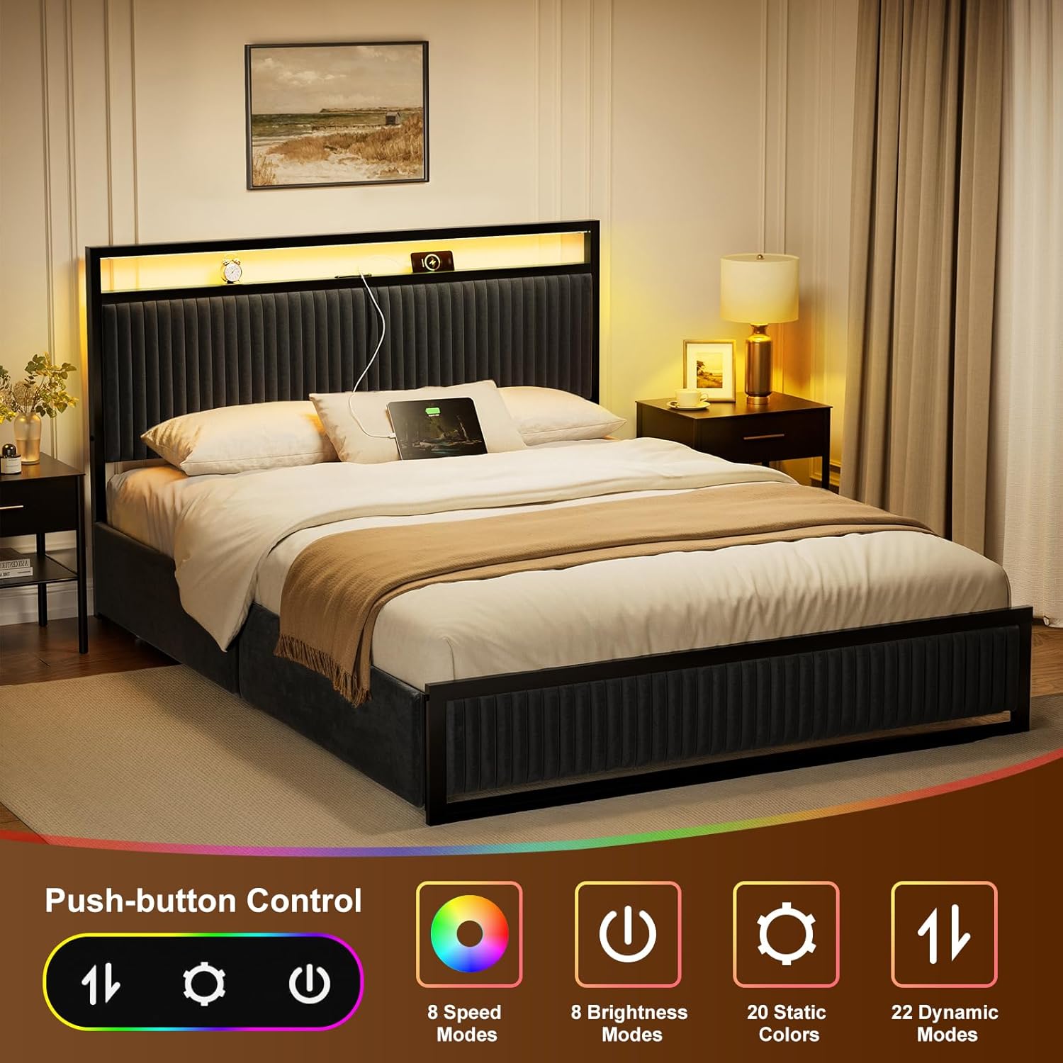 ROLETALENT Full Size Upholstered Velvet Platform Bed Frame with Storage Drawers, Built-in USB Charging Station & LED Light Strip, Sturdy Metal Frame with Headboard - No Box Spring Required,Black