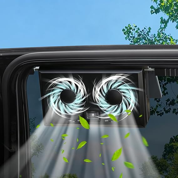 Solar Exhaust Fan Car Solar Powered Exhaust Fans, Auto Window Ventilation Fan with 2 Head Cooling Ventilator Cars Air Vent Cooler Ventilation System for Cars Vehicles Truck RV (Black)