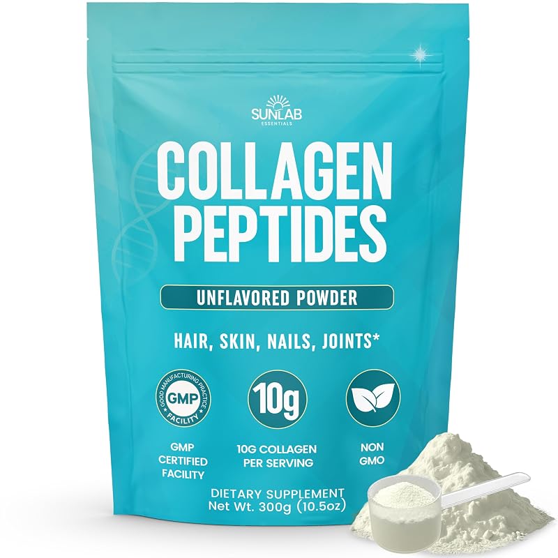 SunLab Essentials Colágeno bovino hidrolisado tipos I e III em pó sem sabor, 10 g por porção, 300 g