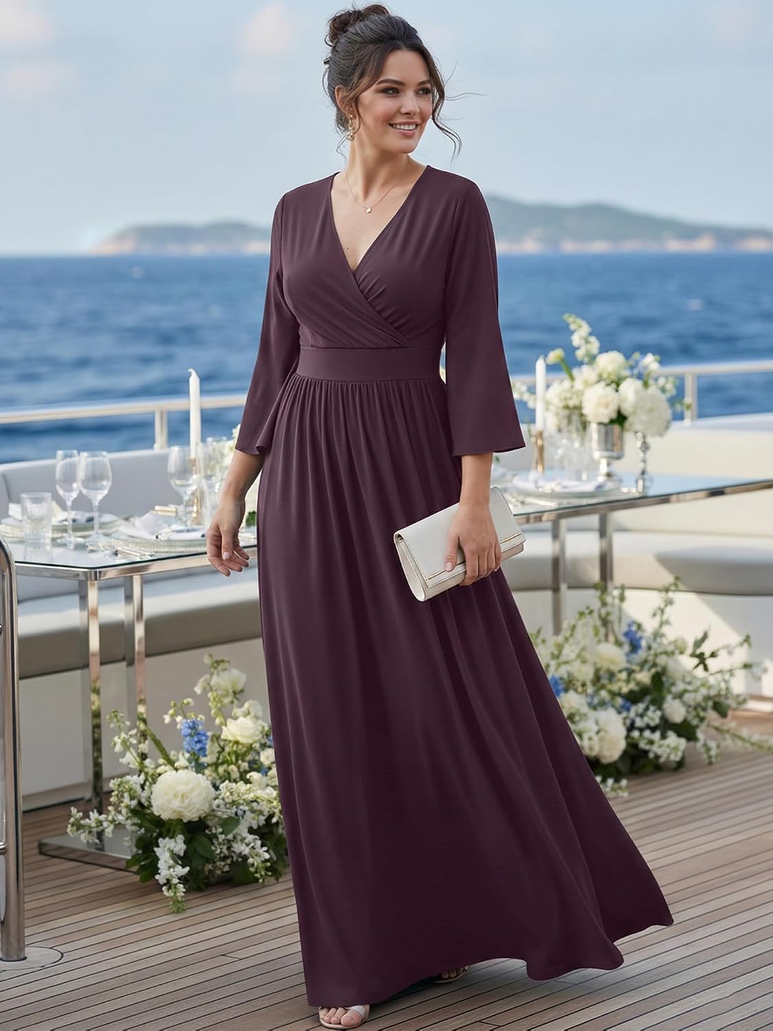 KOH KOH Womens Long Kimono Sleeve V-Neck Wrap Belted Empire Flowy Maxi Dress
