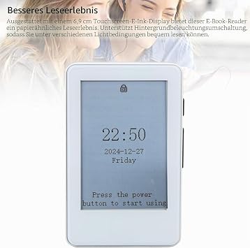 E Buchleser mit 2.7 in Touchscreen Electric Tinte Display Support Electric Book Bluetooth Connection Musikwiedergabe E -Readers MP3 -Player für Kinder Erwachsene