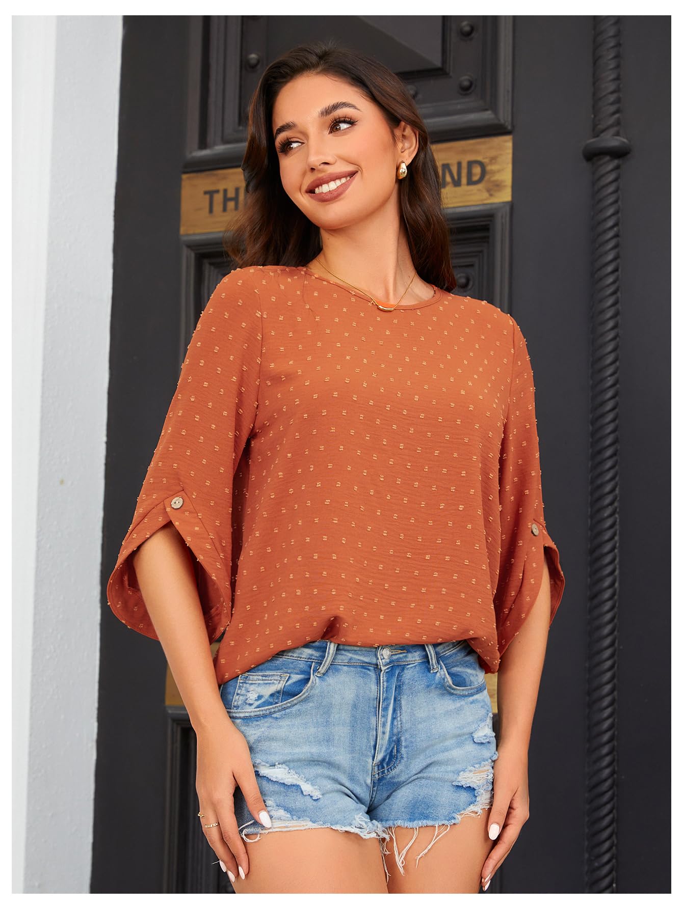 OYOANGLE Women's Dressy Casual Tops Swiss Dots Short Sleeve Chiffon Blouse Summer Work Shirts