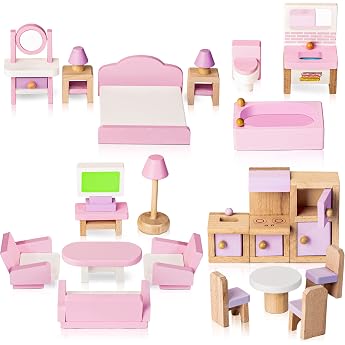 Dollhouse Furniture Set Wooden 5 Room Kit 22 Pieces Miniature Dollhouse Wooden Furniture Accessories Including Kitchen Dining Room Living Room Bedroom Bathroom for Playhouse
