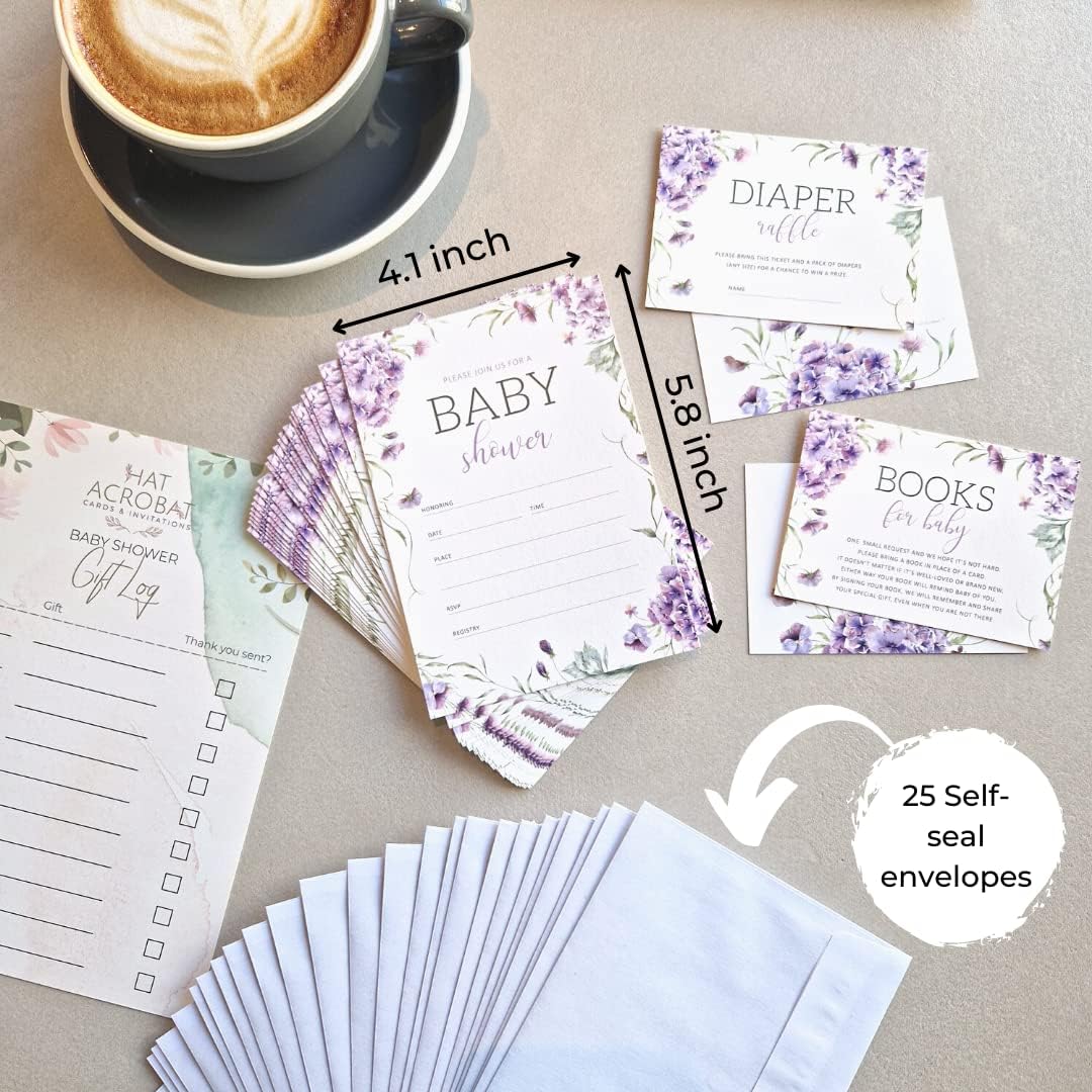 25 Baby Shower Invitations for Girl with Diaper Raffle Tickets for Baby Shower and Book Request Cards and Envelopes - Total 100 Pcs Baby Shower Invitations Diaper Raffle Bulk Set Including Envelopes and Purple Baby Shower Book Cards