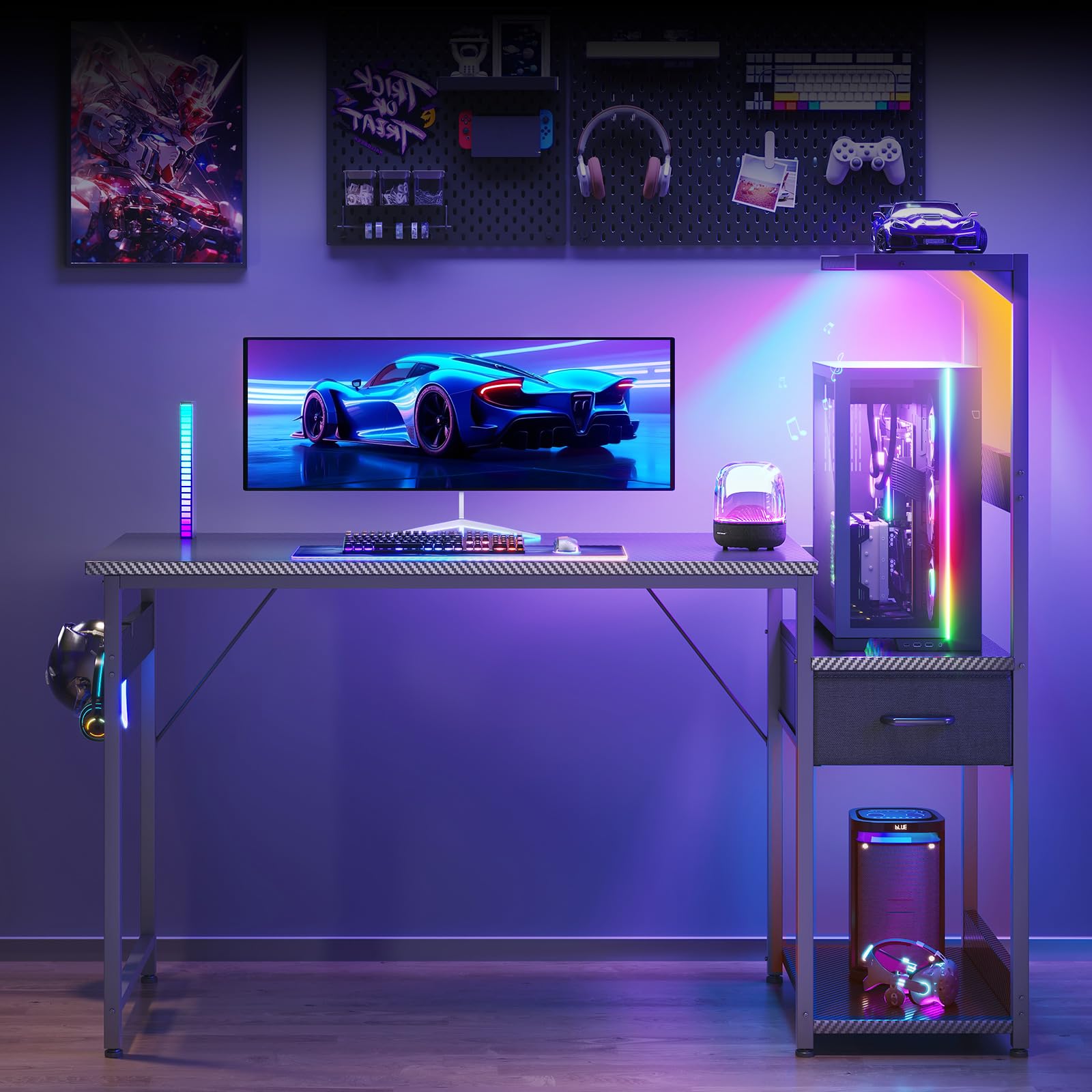 Coleshome Bureau Gaming avec Éclairage LED, 120×48 cm Bureau Gamer avec Rangement Tiroirs et Étagères, Bureau Informatique Réversible avec Patère pour Casque, Noir Fibre de Carbone